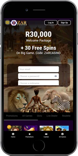 ZAR Casino South Africa mobile app screen